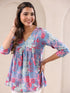 Janasya Women's Blue Pure Cotton Floral Printed A-line Top
